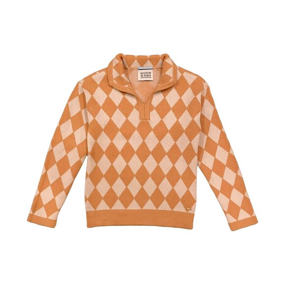 Scotch & Soda Kids Argyle Checkerboard Knit Sweater – Size 10/140 – Tan & Cream - Picture 4 of 12